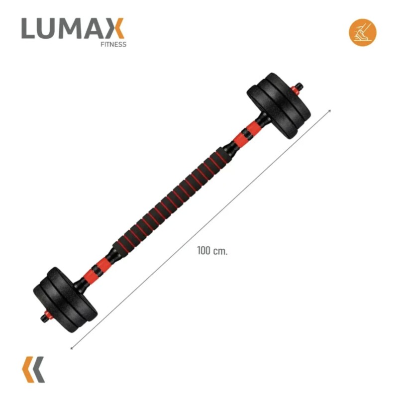 Set 2 Mancuernas Lumax + Barra 2 en 1 + 30kg Discos Pesas Rojo
