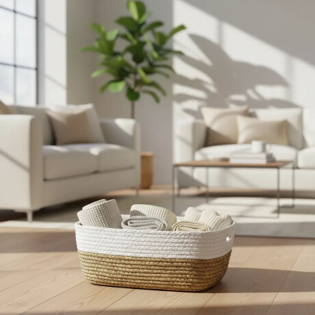 Cesto Canasto Fibra Natural Paramount Decoración 30x23x11Cm Blanco