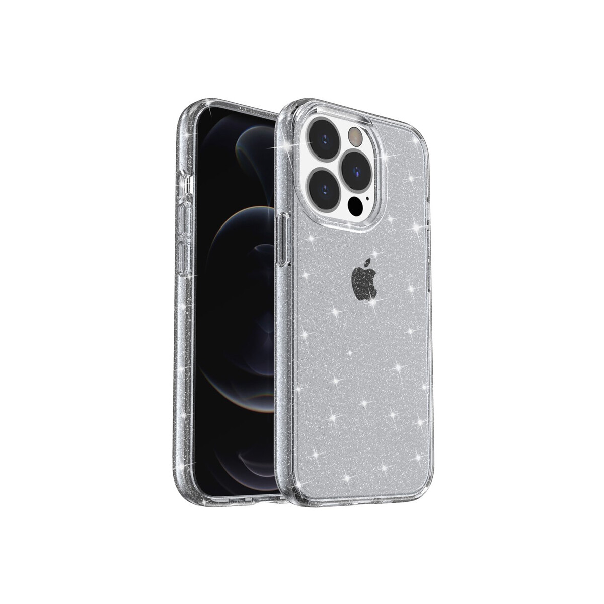 Protector rígido iPhone 14 Pro Max transparente gris con brillos 