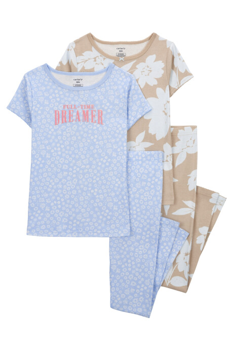 Pijama cuatro piezas de algodón, dos pantalones y dos remeras, tonos azul y beige, diseño floral. Talles 6-10 Sin color