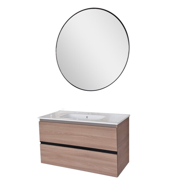 CONJUNTO MUEBLE BAÑO MODELO VIDA 100 CM COLOR NOGAL ARENADO CON MESADA Y ESPEJO Conjunto Mueble Baño Modelo Vida 100 Cm Color Nogal Arenado Con Mesada Y Espejo