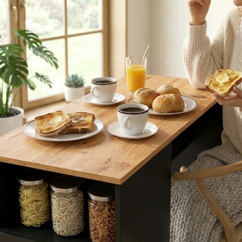 Mueble Barra de Cocina Desayunadora Con Nichos Para Vinos Y Almacenado - Negro / Cinamomo Mueble Barra de Cocina Desayunadora Con Nichos Para Vinos Y Almacenado - Negro / Cinamomo