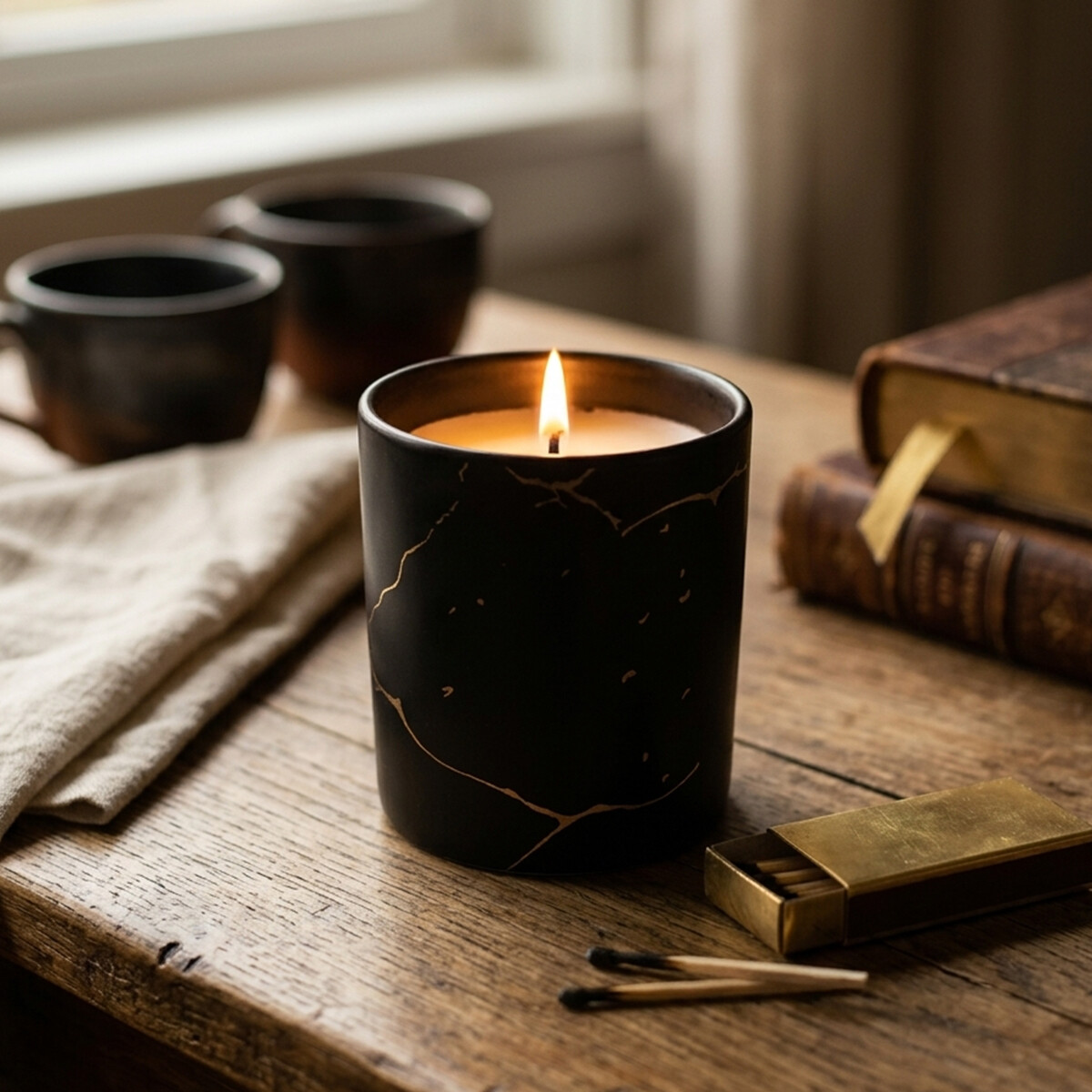 Vela Aromática Mármol con Dorado - NEGRO 