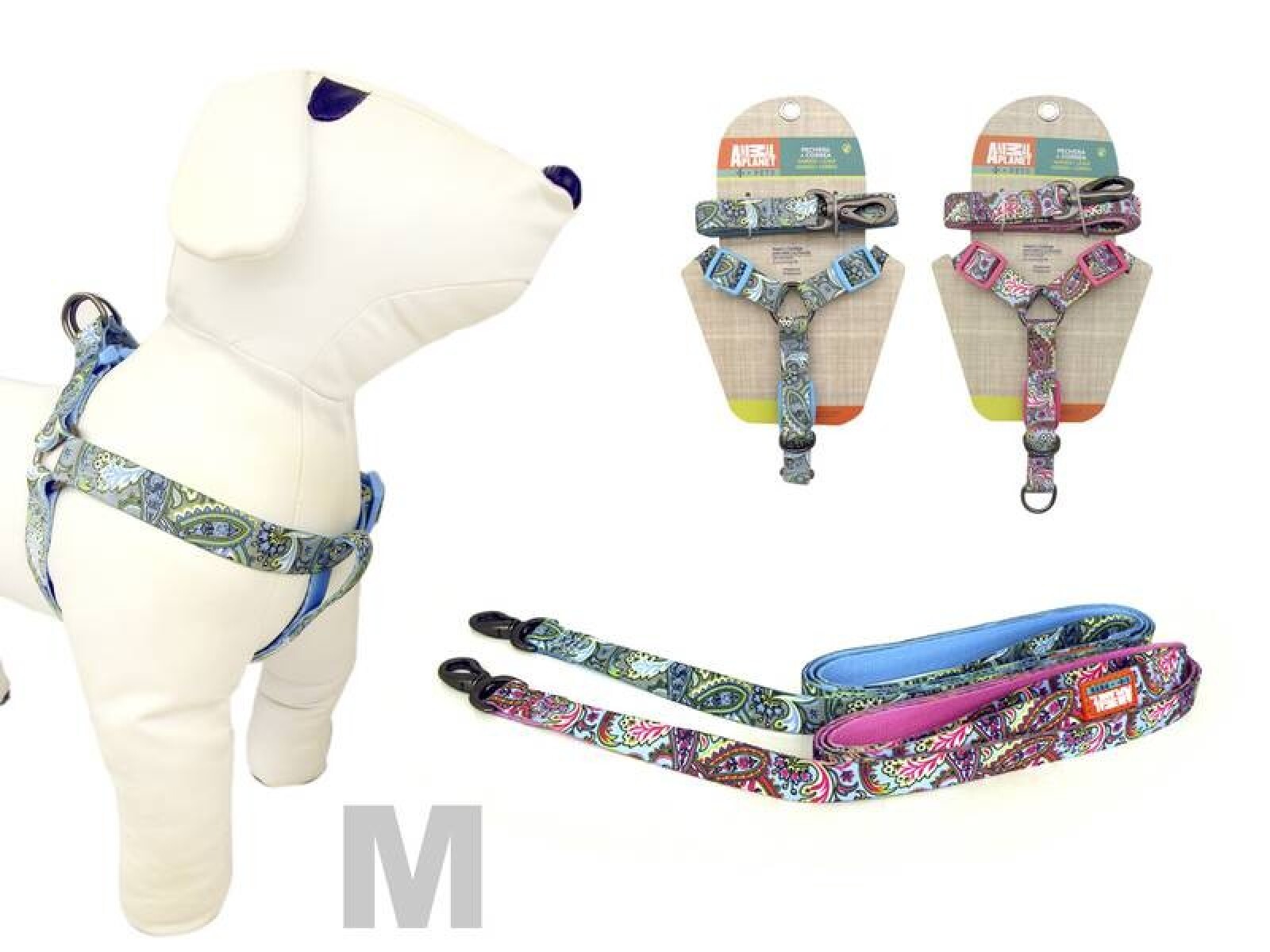 ARNÉS + CORREA PARA PERROS DISEÑOS ROSA O CELESTE M 