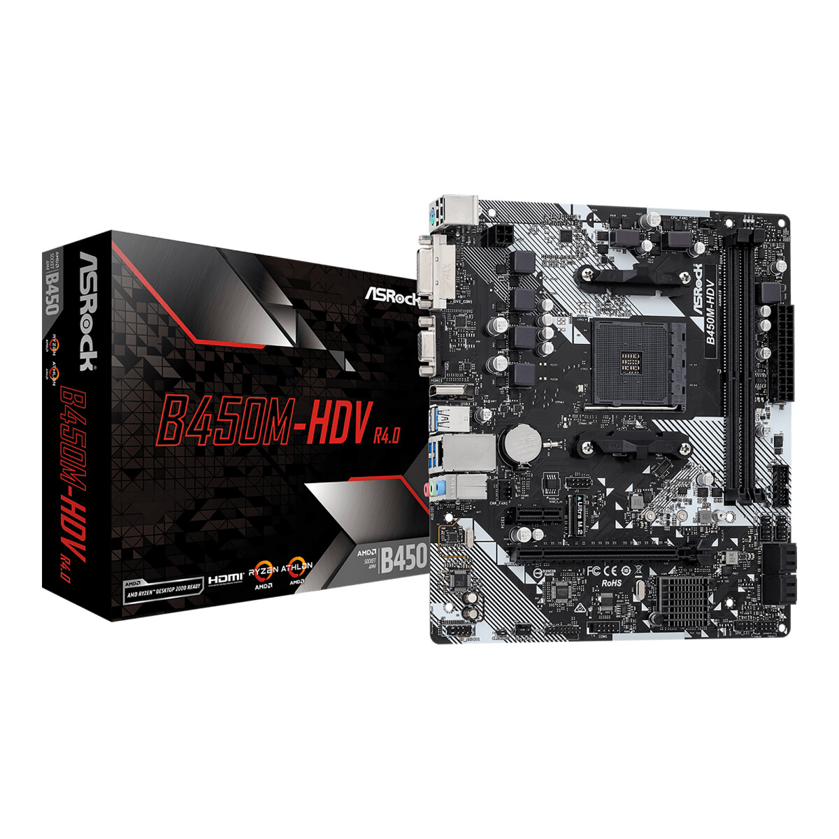 Asrock - Tarjeta Madre B450M-HDV R4.0 - Socket AM4. DDR4 3200+ (Oc). Dvi-d, D-sub, Hdmi. 4 X SATA3, 