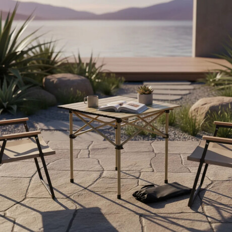 Mesa Chica Camping Aluminio Plegable Compacta Con Bolso Beige