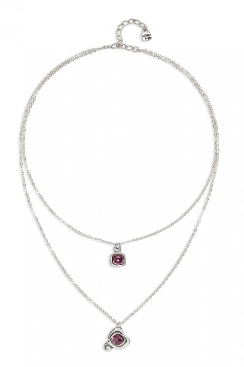 COLGANTE BAÑADO EN PLATA DE LEY CON DOBLE CADENA Y CORAZONES CON CRISTAL ROSA Colgante