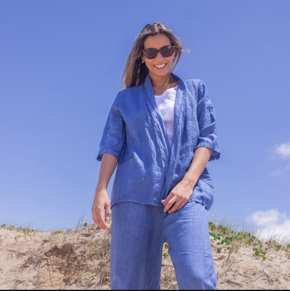 Conjunto kimono+ palazo 100% lino - Azul 