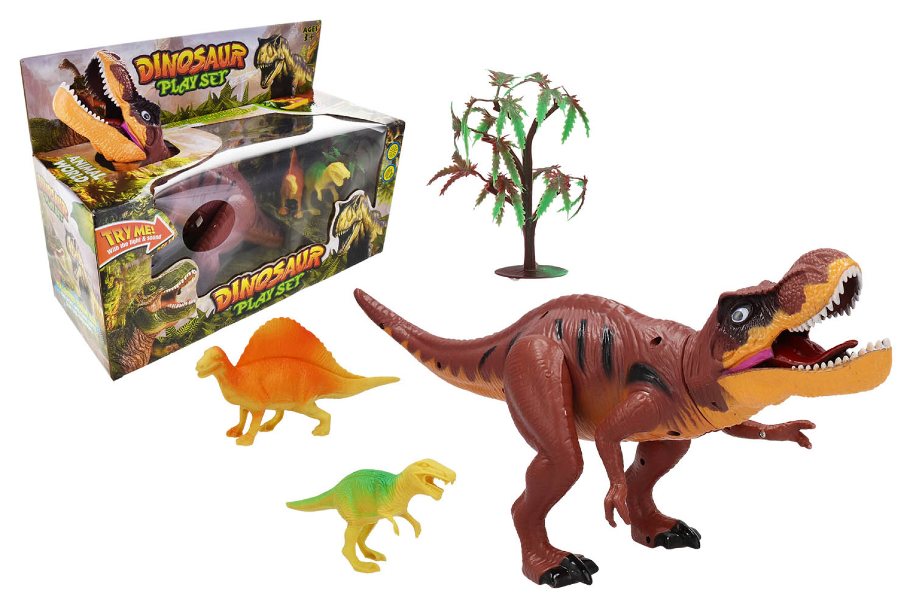 Set de dinosaurio con sonido y luz + 2 dinos y palmera 