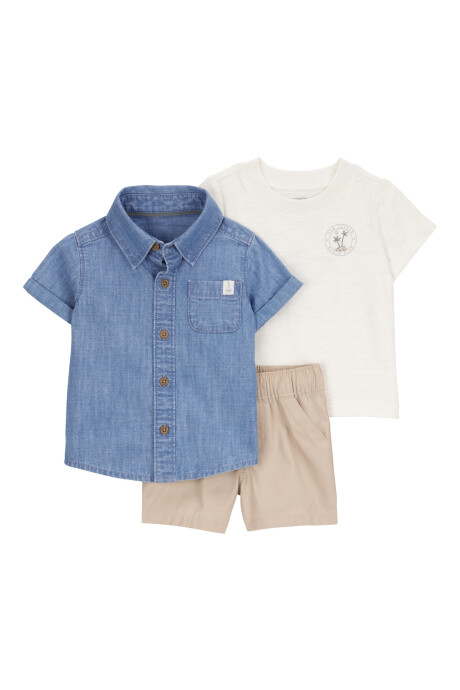 Set tres piezas de algodón, short, camisa y remera, diseño tropical Sin color