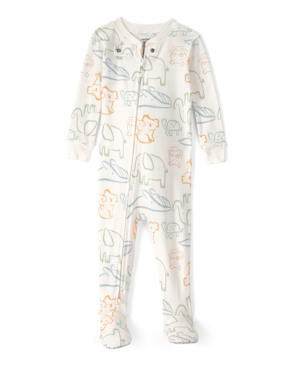 Pijama enterito de algodón con pie, marfil, diseño animales 
