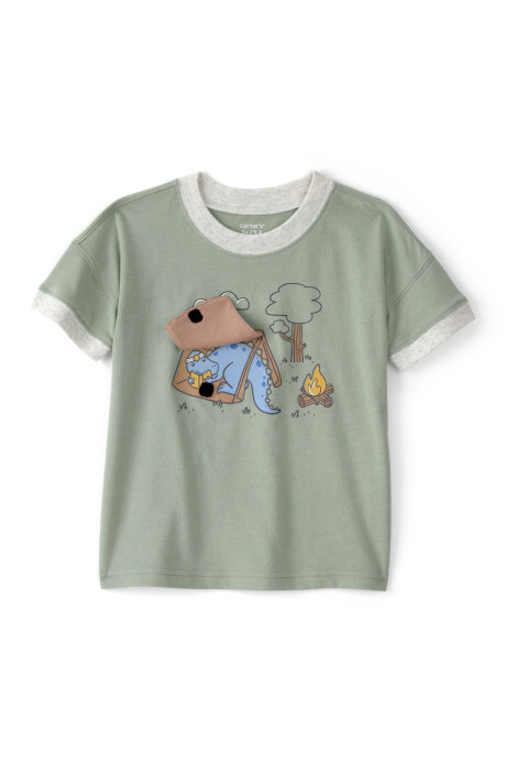 Remera de algodón, manga corta, verde, estampa dino y camping Sin color