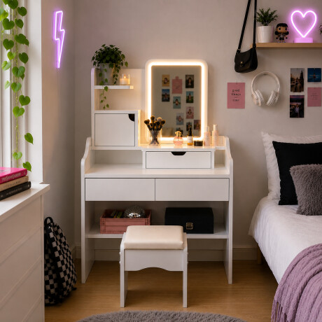 Escritorio tocador vanity con espejo y banquito Blanco