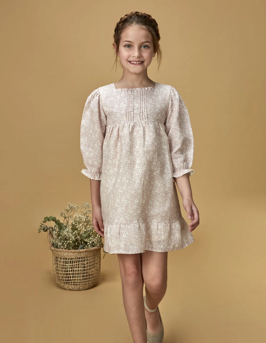 Vestido Lino Estampado Flores - Rosa Suave 