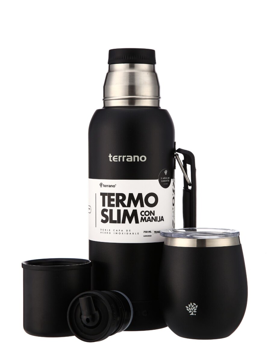 Kit Termo 750mL. Slim con Manija + Mate de Acero con Tapa - Negro Opaco 