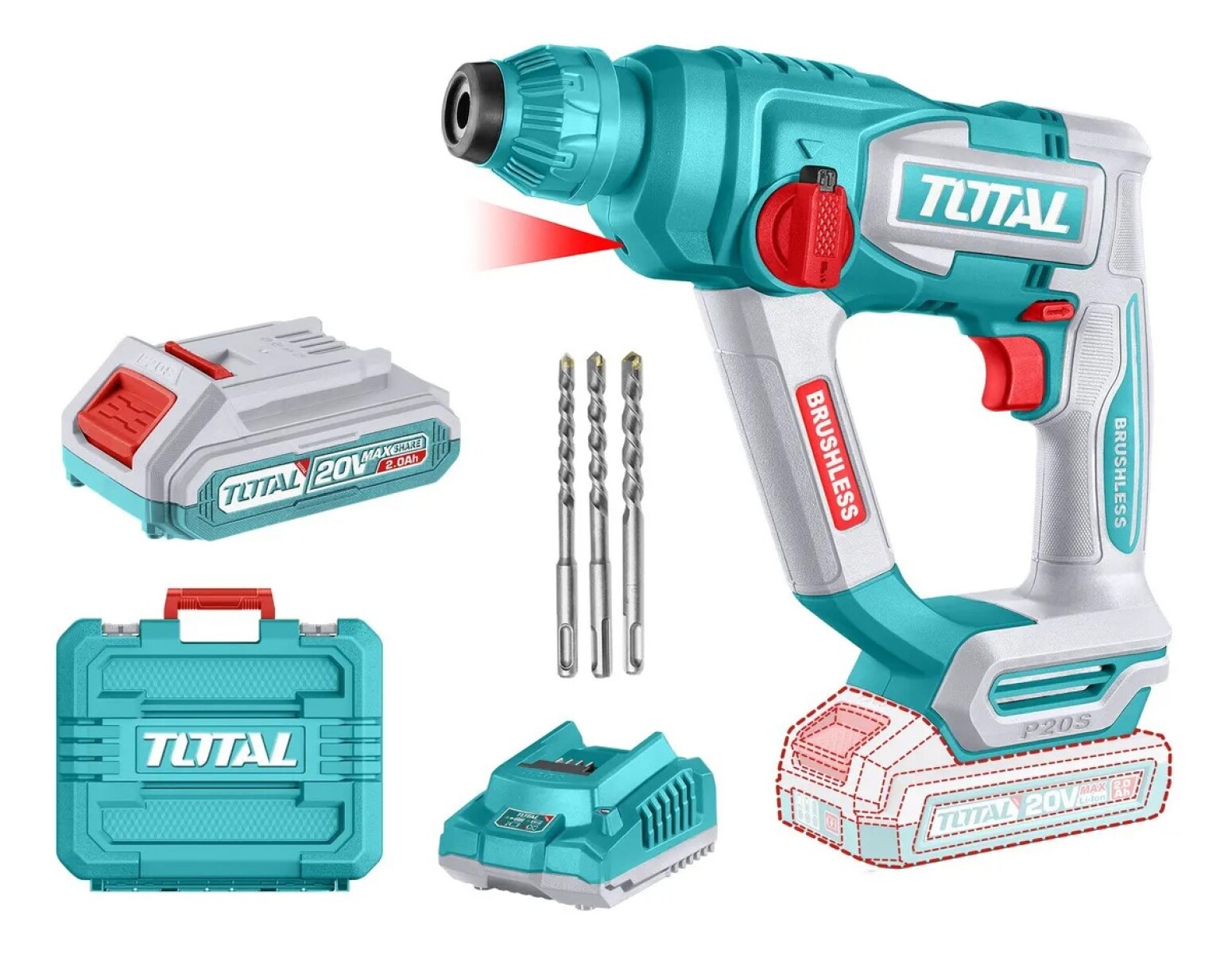Rotomartillo Inalámbrico Brushless Total 20V SDS Plus con Batería y Maletín 