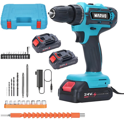 Taladro Atornillador Marvo Inalámbrico + 2 Baterías + Accs ® Color Negro