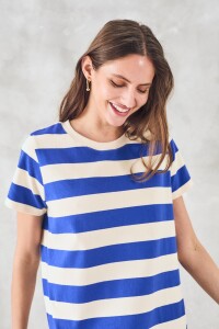 Vestido Rayado Con Lino Azul Francia