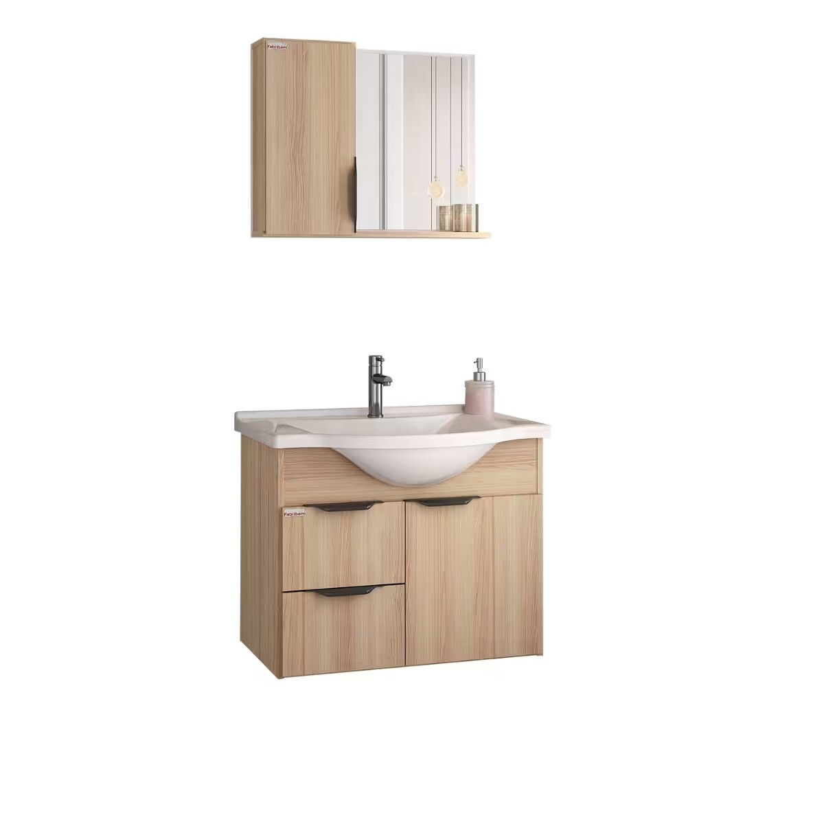 Mueble De Baño Suspendido Crystal Roble 56 Cm Bacha De Resina Natural Y Espejo Con Botiquín 