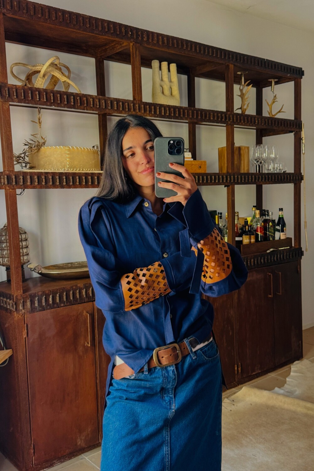 Camisa Puño Lino Azul Con Camel