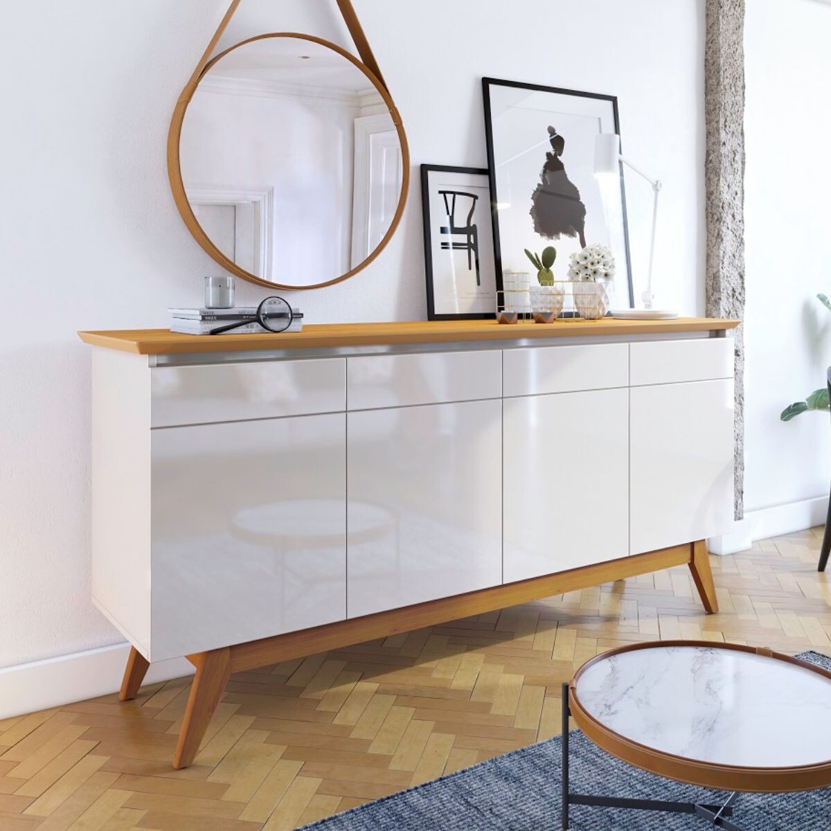 Aparador Classic - 4 Puertas - Off White y Natural 