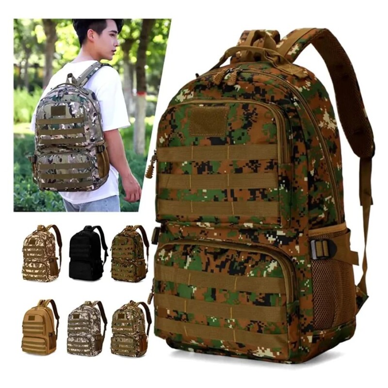 Mochila Táctica Camping 35L Bencor Militar Lona Reforzada Marron Pixeleado