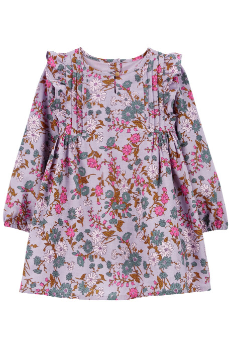 Vestido de algodón, con pliegues, diseño floral. Talles 2-5T Sin color