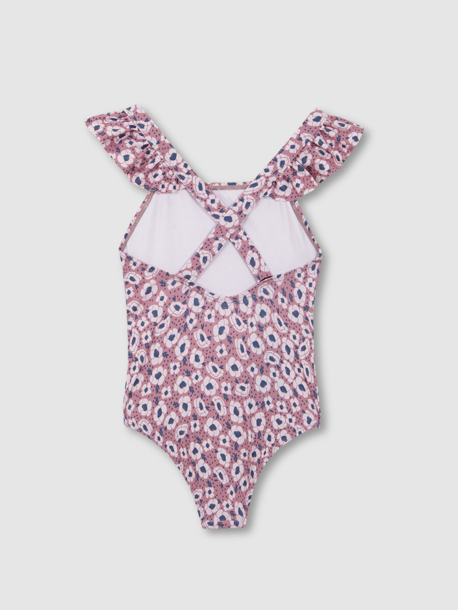 Traje De Baño Estampado Flor Grande Rosa Medio