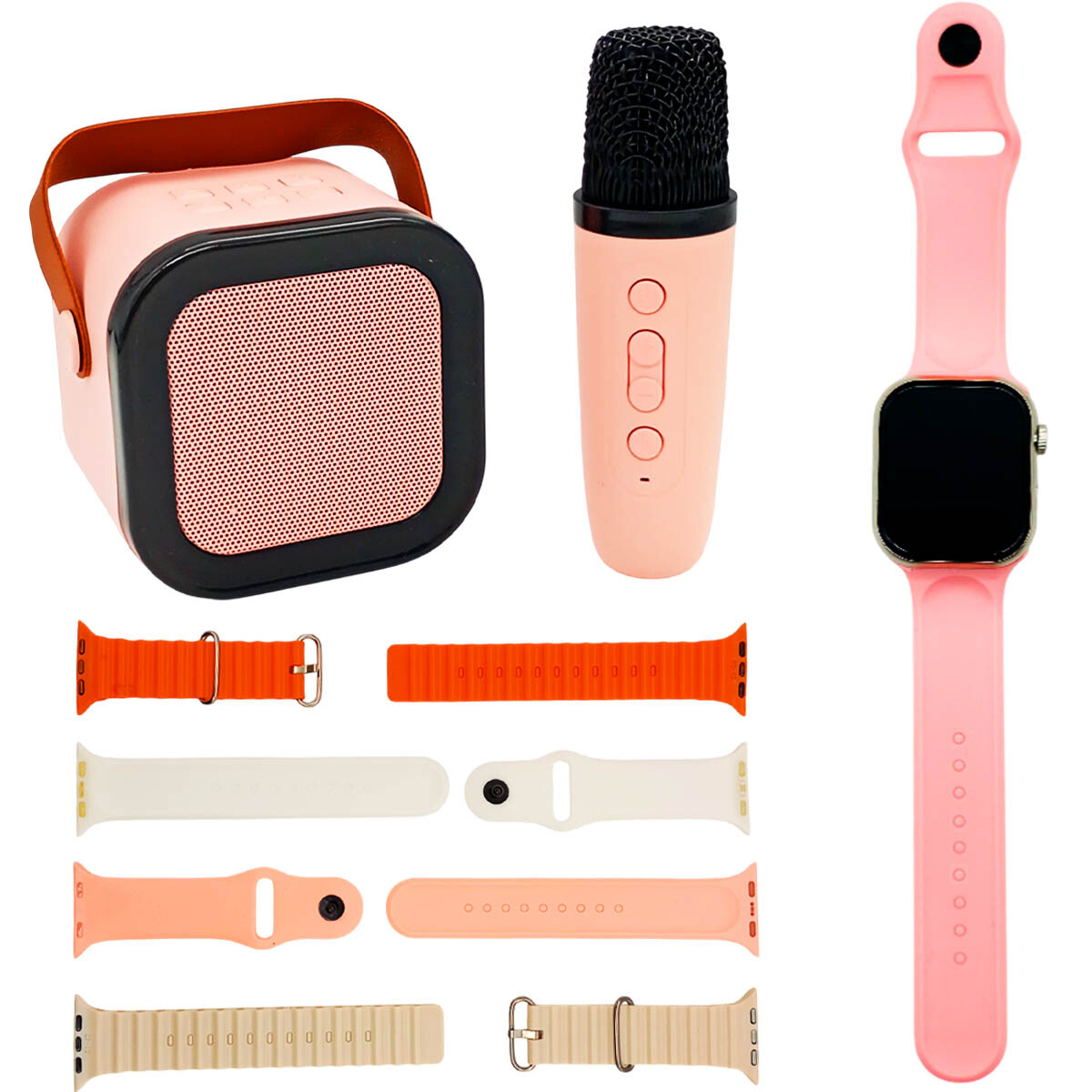 Set Micrófono Parlante Karaoke + Reloj Smartwatch - Rosa 