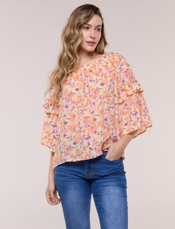 Blusa Holgada Con Escote Fruncido MULTI/ANARANJADO
