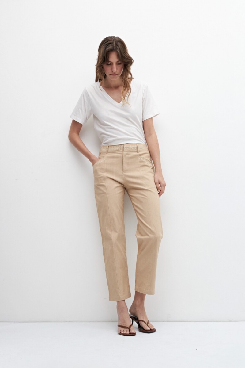 Pantalón con bordado en contraste beige