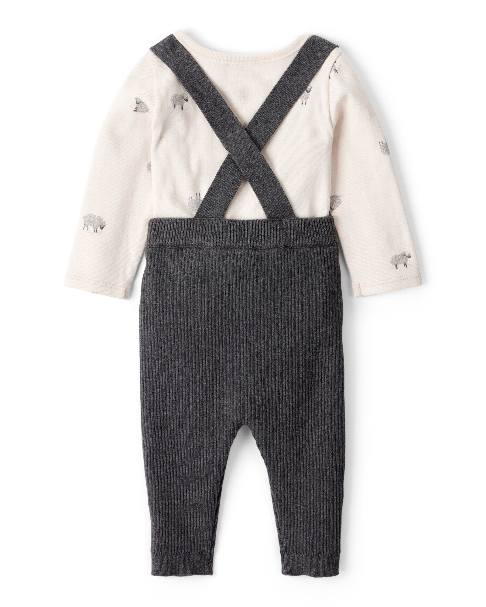 Set dos piezas de algodón, pantalón con tiradores y body, diseño ovejas Set dos piezas de algodón, pantalón con tiradores y body, diseño ovejas