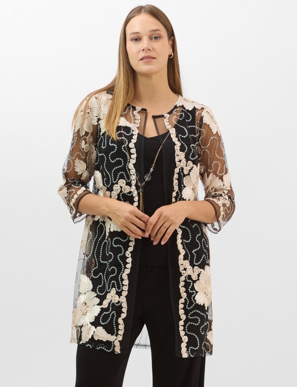 Conjunto 3 Piezas Palazzo Y Túnica De Tul Bordada NEGRO/BEIGE