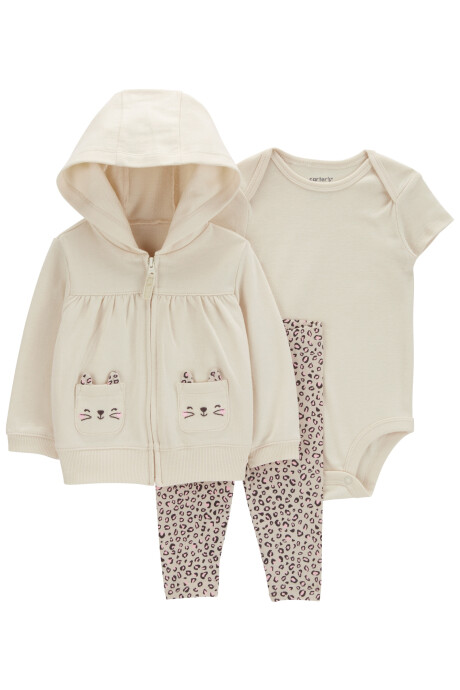 Set tres piezas de algodón, campera con capucha, pantalón y body, diseño gato Sin color