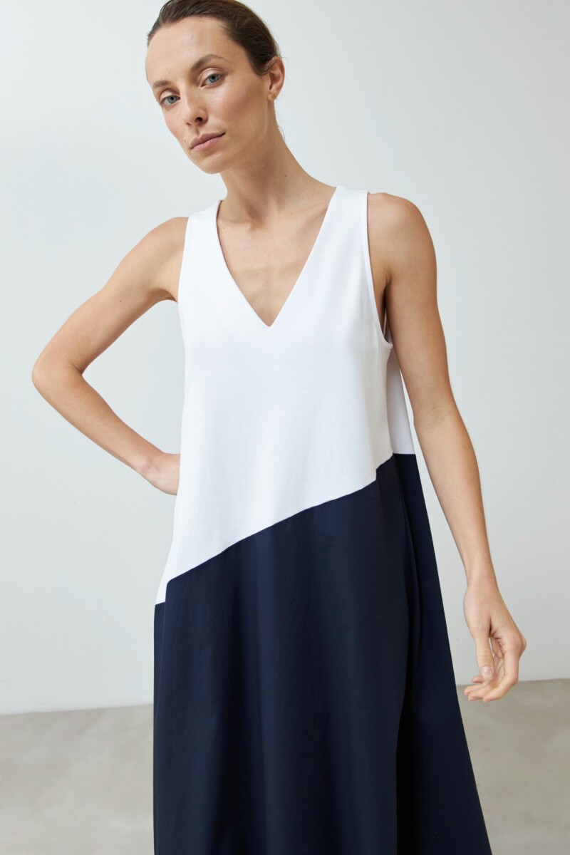 Maxi vestido bicolor azul marino