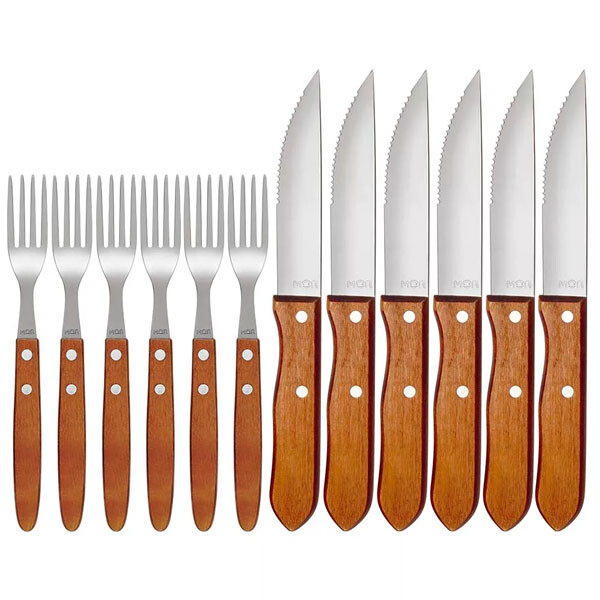 KIT ASADO 12 PIEZAS CUCHILLO Y TENEDOR MADERA MARRON
