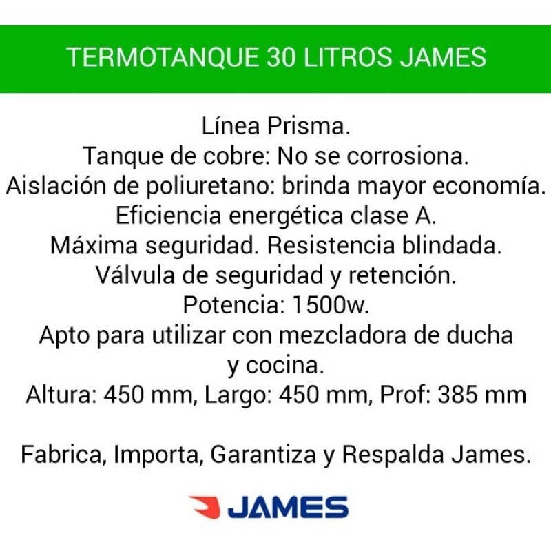 Calefon James Cobre 30 Lts Poliuretano Inyectado Calefon James Cobre 30 Lts Poliuretano Inyectado