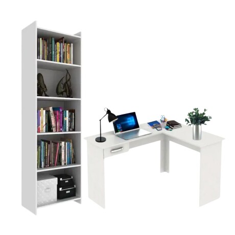 Promo Escritorio Esquinero + Biblioteca 5 Estantes Blanco