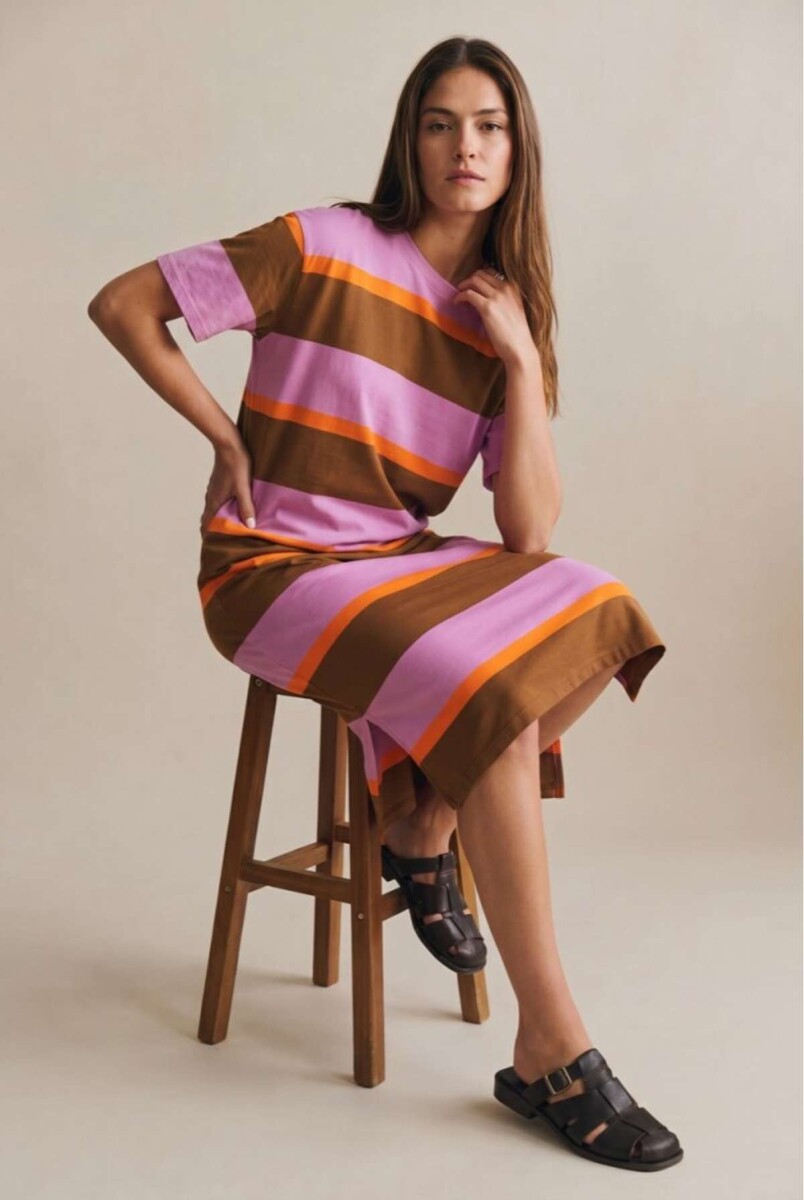 Vestido Tejido A Rayas - Rosa 