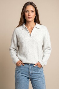 Sweater Polo Medio Cierre Gris Melange