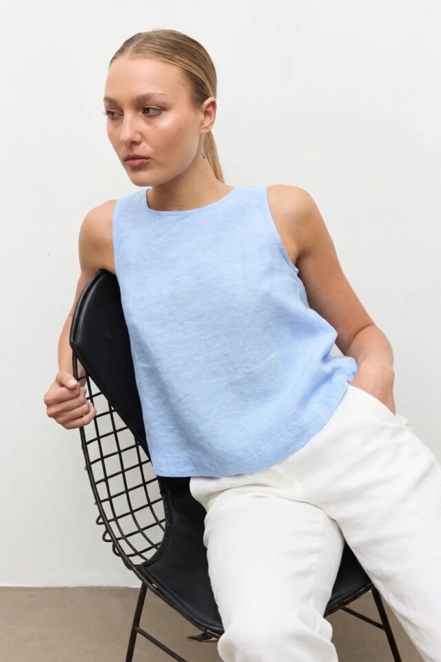 Blusa 100% Lino celeste melange