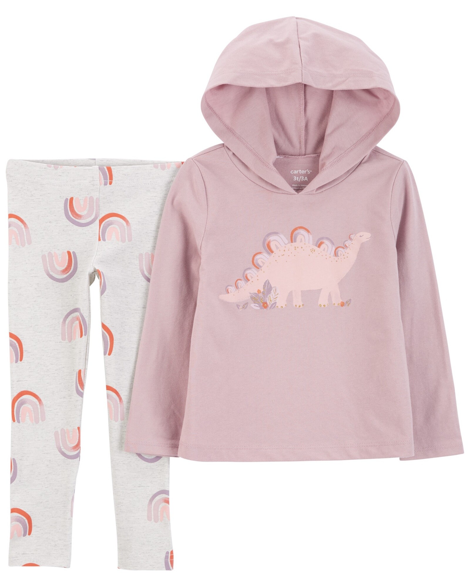 Set dos piezas calza y remera con capucha estampa dino. Talles 0-24M Sin color