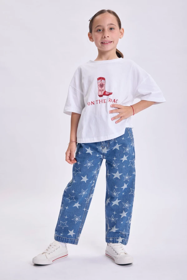 Pantalón jean paper bag Estampado Estrellas Azul Medio
