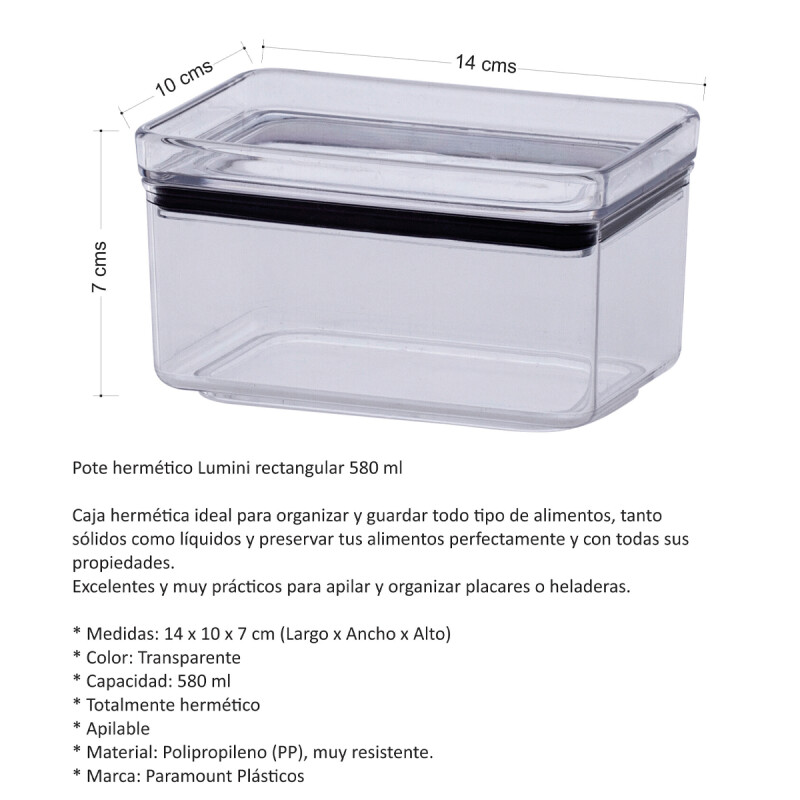 Pote hermético Lumini rectangular 580 cc TRANSPARENTE