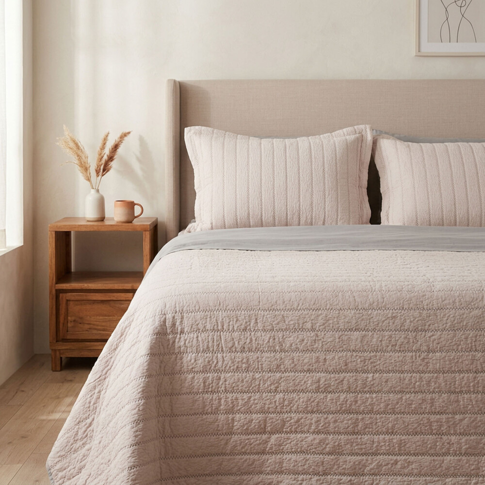 SET CUBRECAMA SUPER KING POLIESTER NATURAL-BEIGE TRAMA ARENA