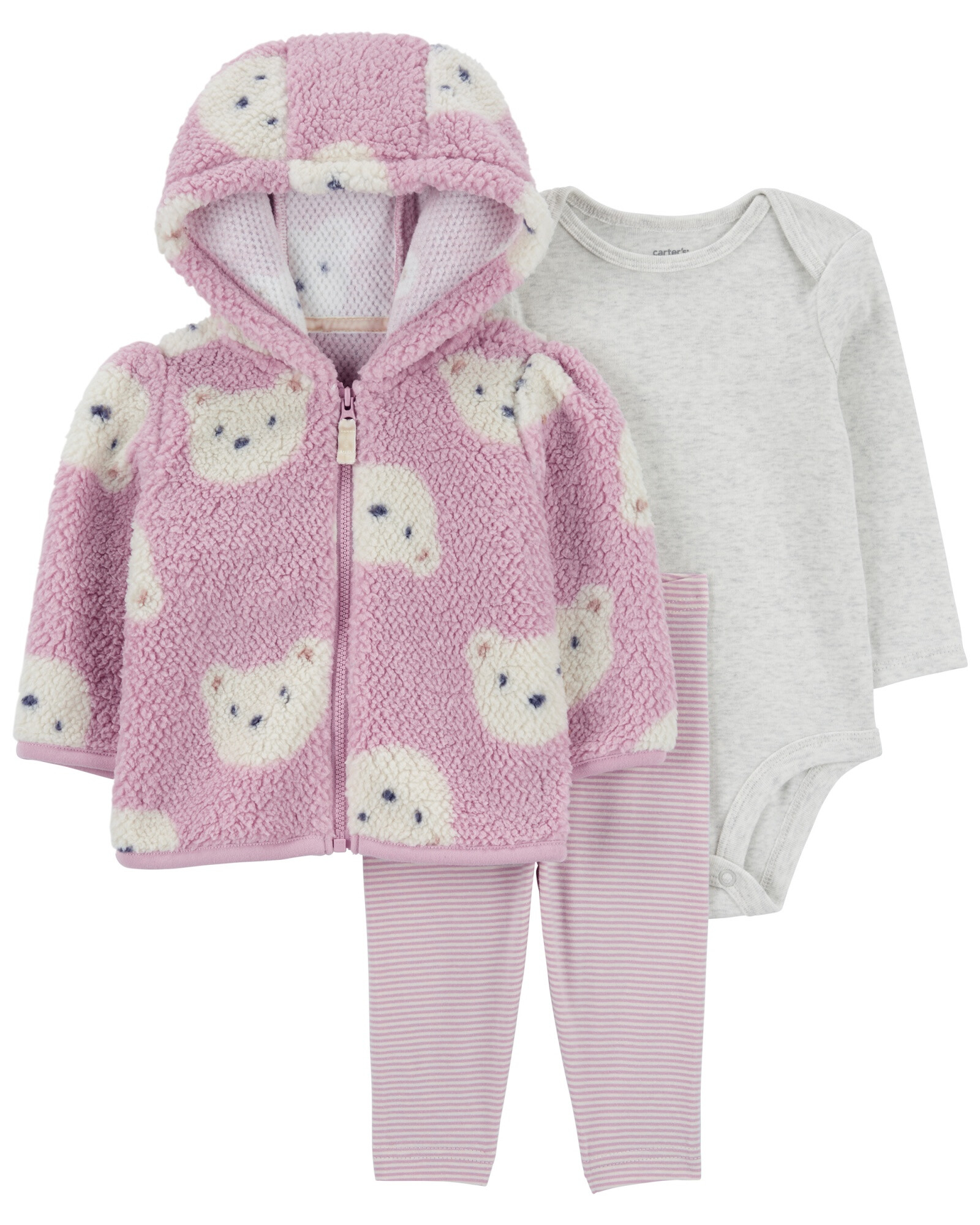 Set tres piezas, campera de sherpa, pantalón y body de algodón, diseño osos Set tres piezas, campera de sherpa, pantalón y body de algodón, diseño osos