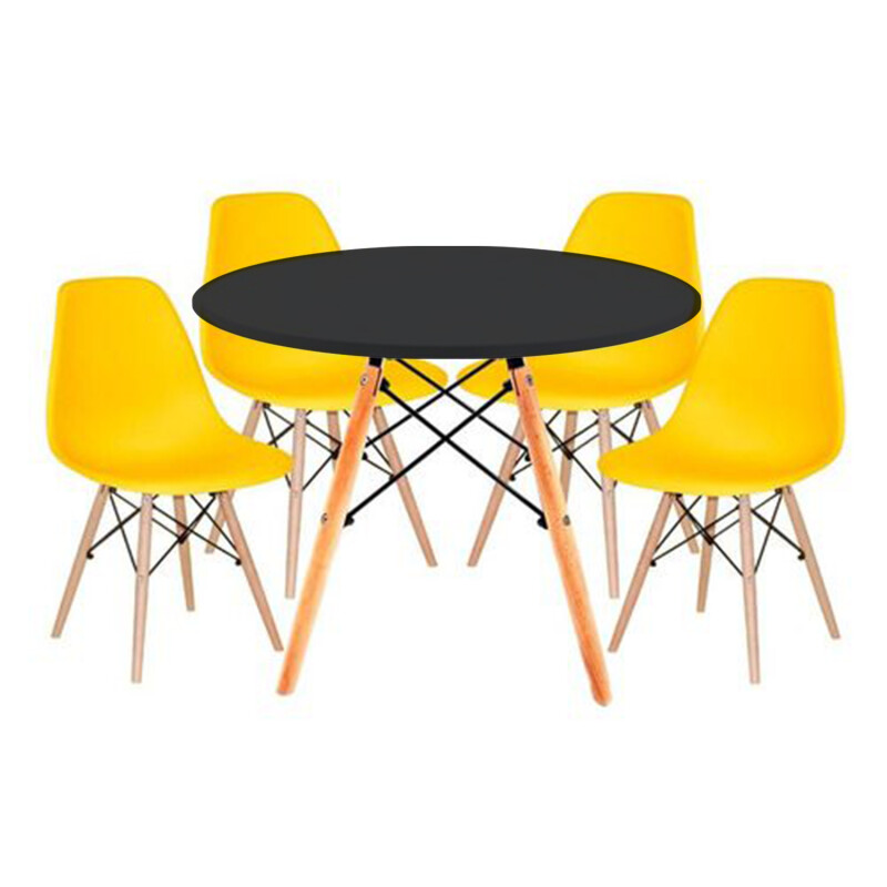 Juego de comedor Con Mesa Circular de 80cm + 4 Sillas Eames Amarillo/Negro