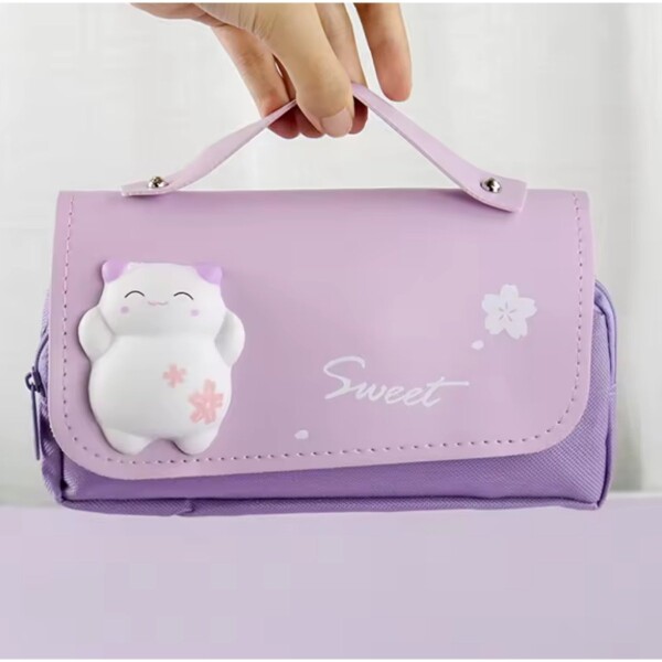 Cartuchera Escolar Kawaii Gatito 3D 2 Cierres Infantil Atrix Variante Color Violeta