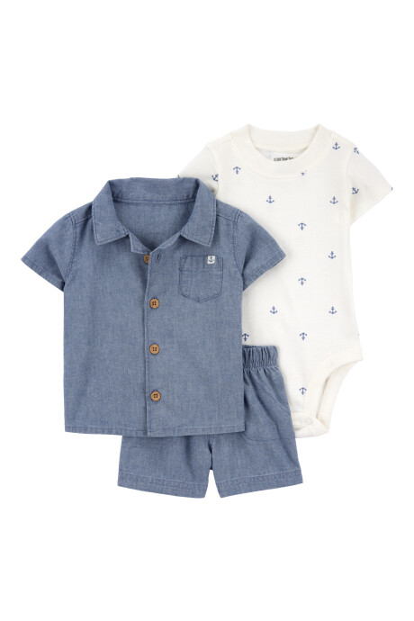 Set tres piezas, short y camisa de chambray más body de algodón Sin color