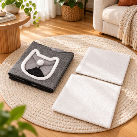 Casa Para Gatos Plegable Con Rascador Cama Y Pompón Gris